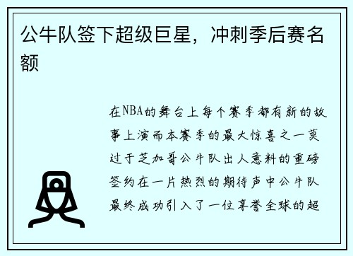 公牛队签下超级巨星，冲刺季后赛名额