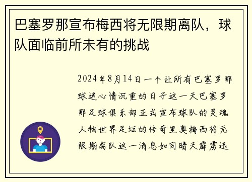 巴塞罗那宣布梅西将无限期离队，球队面临前所未有的挑战