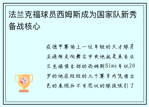 法兰克福球员西姆斯成为国家队新秀备战核心