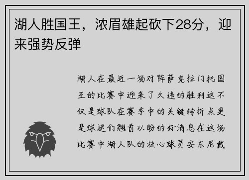 湖人胜国王，浓眉雄起砍下28分，迎来强势反弹