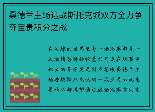桑德兰主场迎战斯托克城双方全力争夺宝贵积分之战