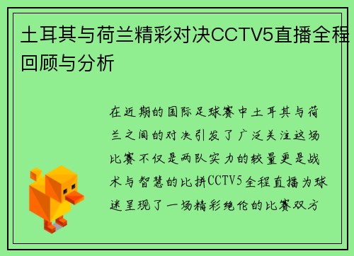 土耳其与荷兰精彩对决CCTV5直播全程回顾与分析
