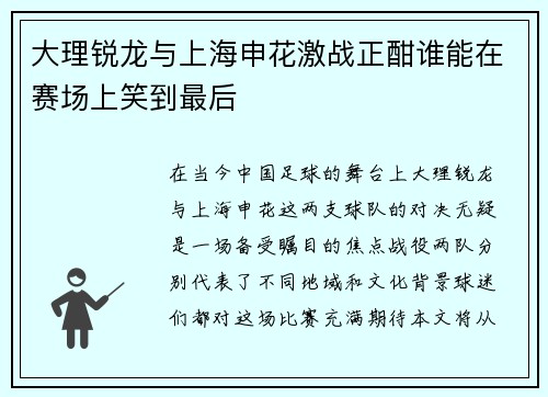 大理锐龙与上海申花激战正酣谁能在赛场上笑到最后