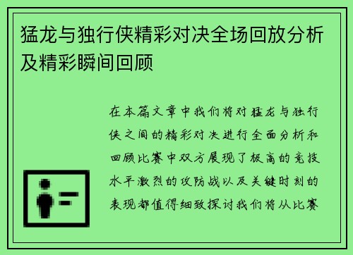 猛龙与独行侠精彩对决全场回放分析及精彩瞬间回顾