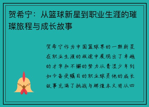 贺希宁：从篮球新星到职业生涯的璀璨旅程与成长故事
