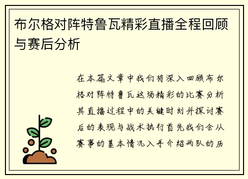 布尔格对阵特鲁瓦精彩直播全程回顾与赛后分析
