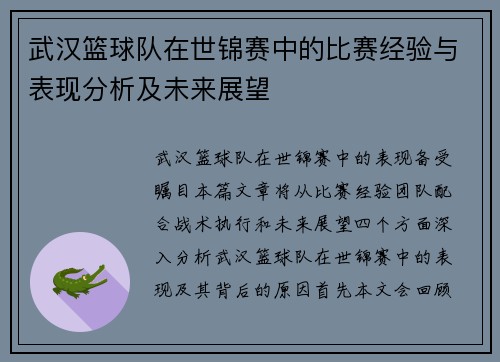 武汉篮球队在世锦赛中的比赛经验与表现分析及未来展望