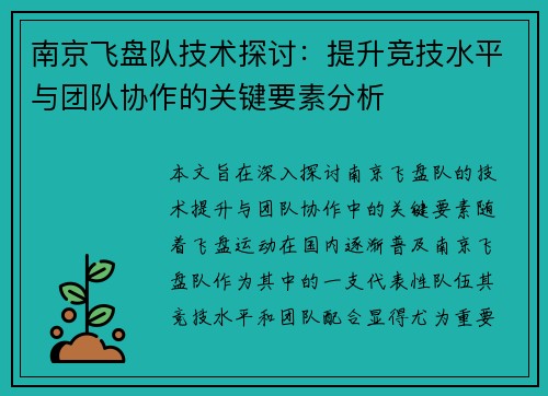 南京飞盘队技术探讨：提升竞技水平与团队协作的关键要素分析