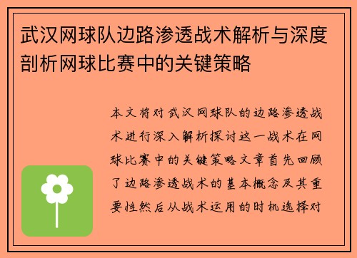 武汉网球队边路渗透战术解析与深度剖析网球比赛中的关键策略
